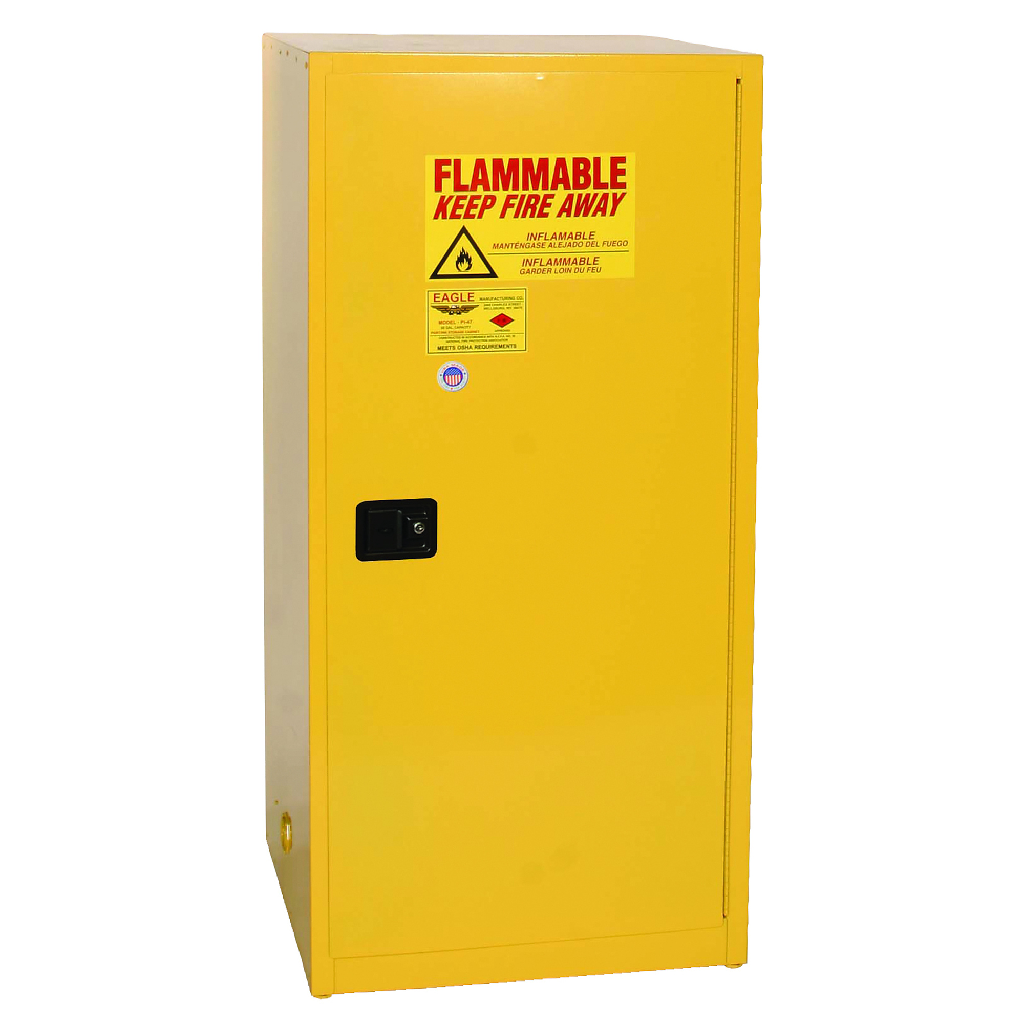 Eagle Fire Cabinet — 60-Gallon, 1 Door, 2 Shelves, Manual Close, Yellow, Model# 1961X